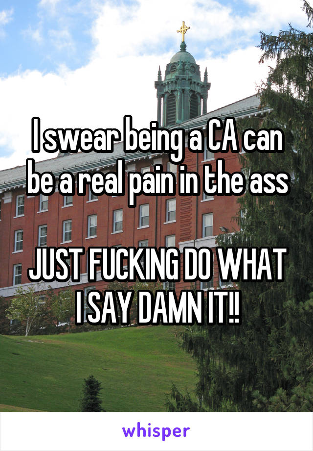 I swear being a CA can be a real pain in the ass

JUST FUCKING DO WHAT I SAY DAMN IT!!