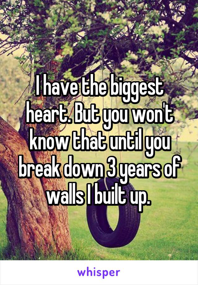 I have the biggest heart. But you won't know that until you break down 3 years of walls I built up. 