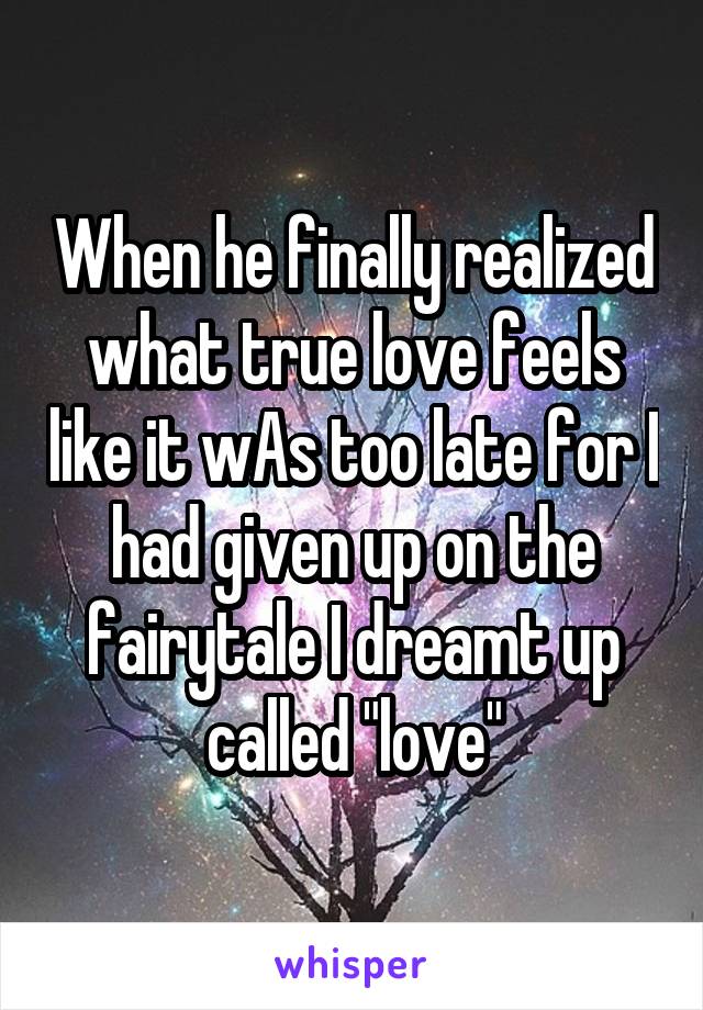 When he finally realized what true love feels like it wAs too late for I had given up on the fairytale I dreamt up called "love"