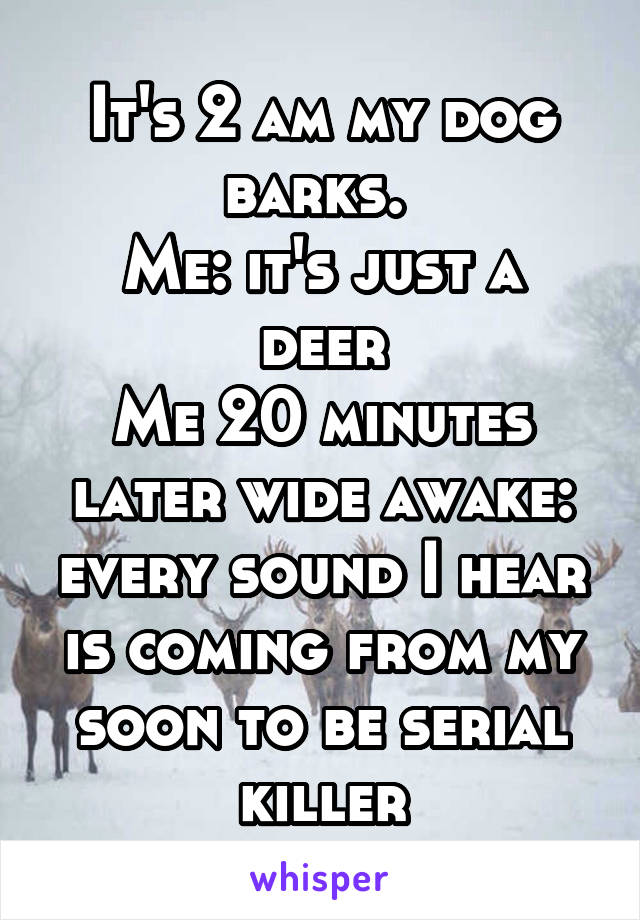 It's 2 am my dog barks. 
Me: it's just a deer
Me 20 minutes later wide awake: every sound I hear is coming from my soon to be serial killer