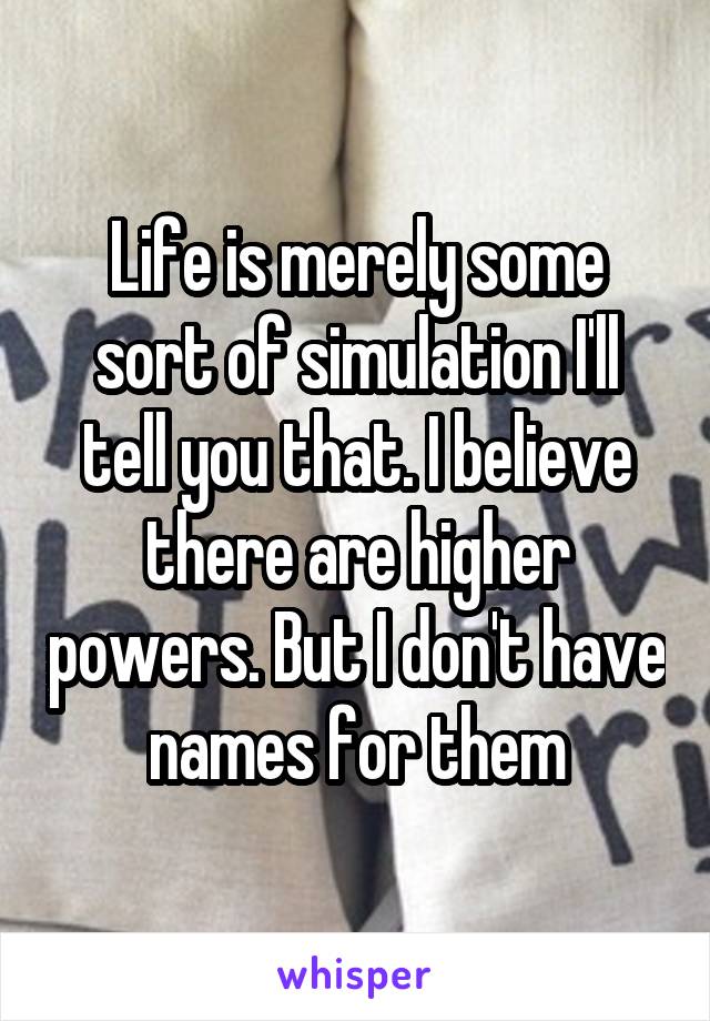 Life is merely some sort of simulation I'll tell you that. I believe there are higher powers. But I don't have names for them