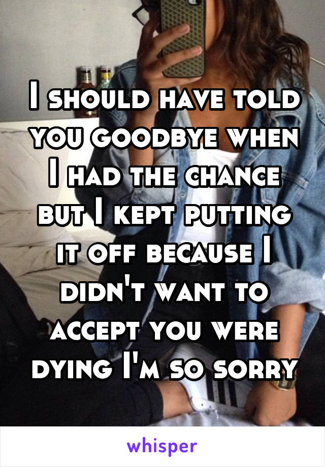 I should have told you goodbye when I had the chance but I kept putting it off because I didn't want to accept you were dying I'm so sorry