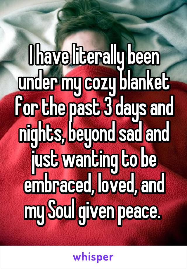 I have literally been under my cozy blanket for the past 3 days and nights, beyond sad and just wanting to be embraced, loved, and my Soul given peace. 