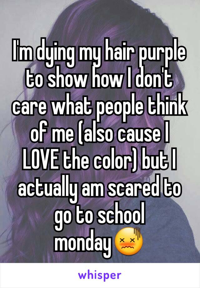 I'm dying my hair purple to show how I don't care what people think of me (also cause I LOVE the color) but I actually am scared to go to school monday😖