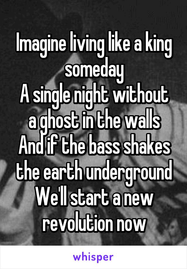 Imagine living like a king someday
A single night without a ghost in the walls
And if the bass shakes the earth underground
We'll start a new revolution now