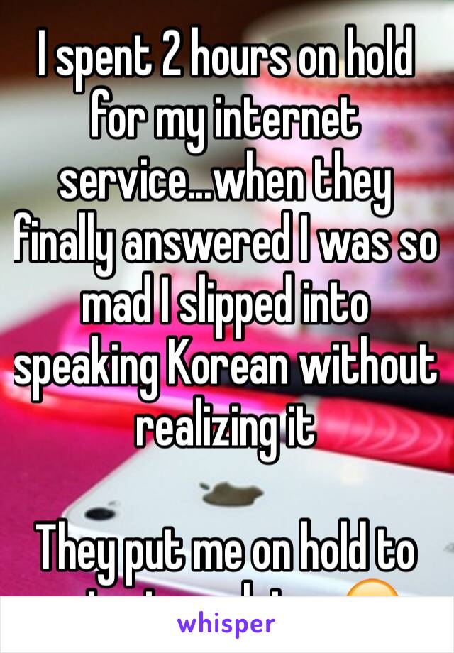 I spent 2 hours on hold for my internet service...when they finally answered I was so mad I slipped into speaking Korean without realizing it 

They put me on hold to get a translator 😐