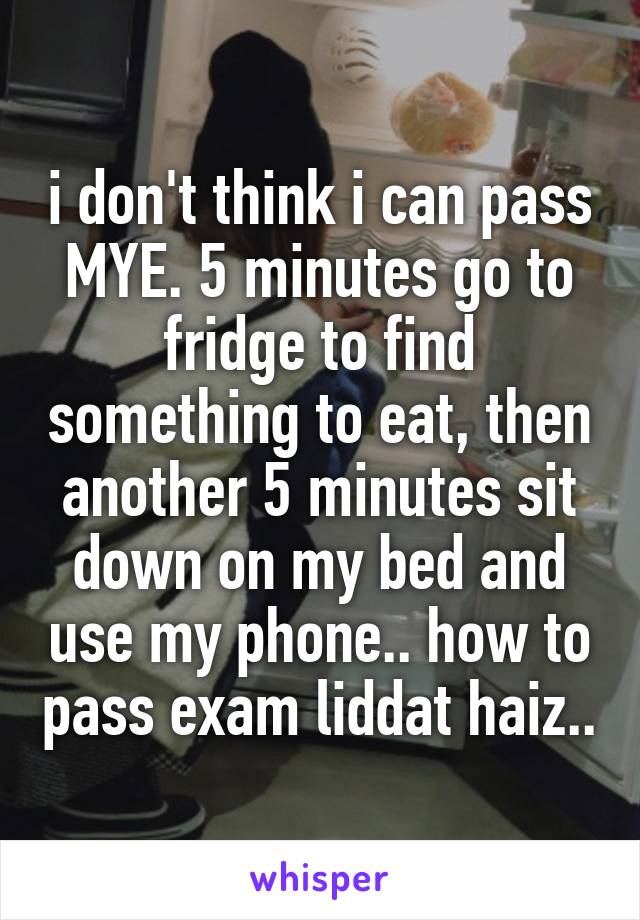 i don't think i can pass MYE. 5 minutes go to fridge to find something to eat, then another 5 minutes sit down on my bed and use my phone.. how to pass exam liddat haiz..