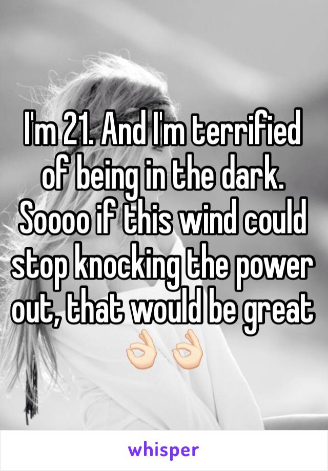 I'm 21. And I'm terrified of being in the dark. Soooo if this wind could stop knocking the power out, that would be great 👌🏻👌🏻