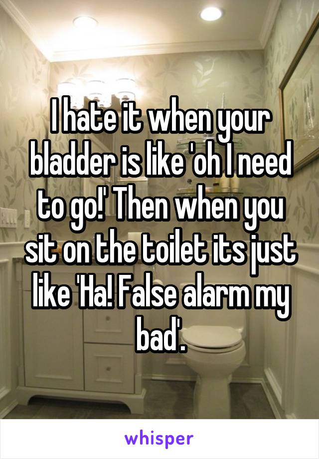 I hate it when your bladder is like 'oh I need to go!' Then when you sit on the toilet its just like 'Ha! False alarm my bad'.