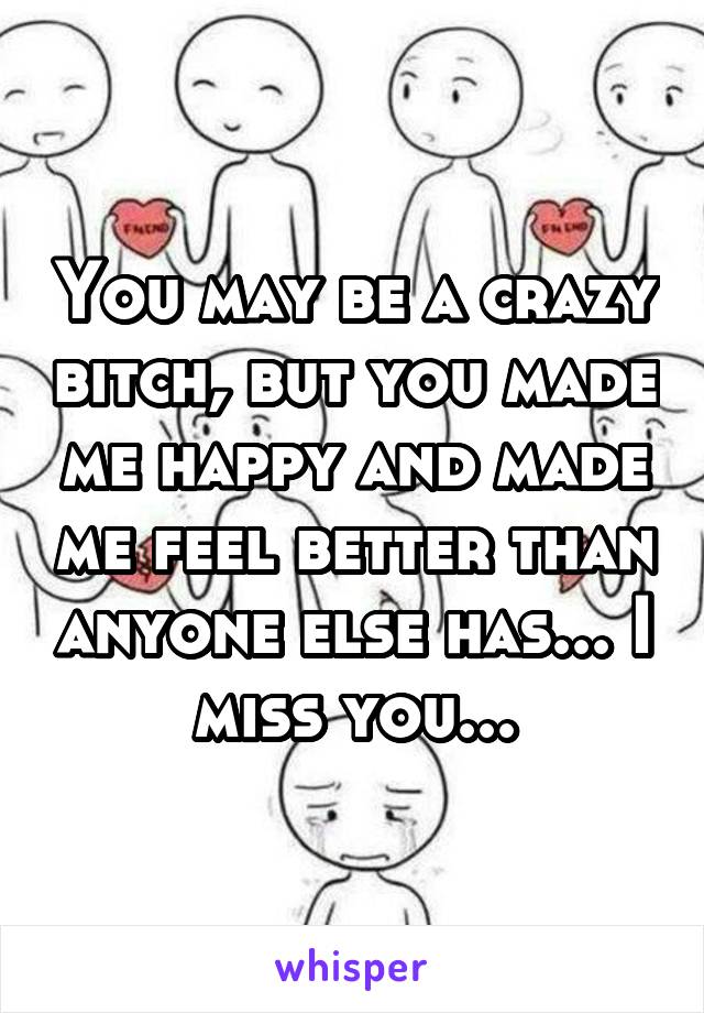 You may be a crazy bitch, but you made me happy and made me feel better than anyone else has... I miss you...