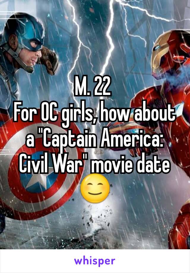 M. 22 
For OC girls, how about a "Captain America: Civil War" movie date 😊