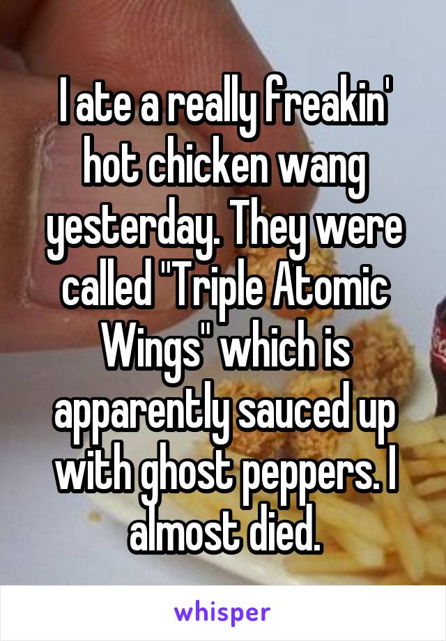 I ate a really freakin' hot chicken wang yesterday. They were called "Triple Atomic Wings" which is apparently sauced up with ghost peppers. I almost died.