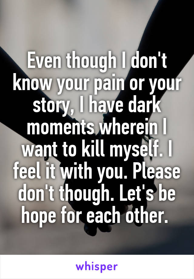 Even though I don't know your pain or your story, I have dark moments wherein I want to kill myself. I feel it with you. Please don't though. Let's be hope for each other. 