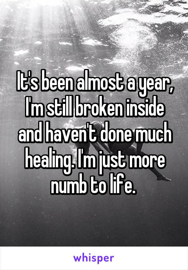 It's been almost a year, I'm still broken inside and haven't done much healing. I'm just more numb to life. 