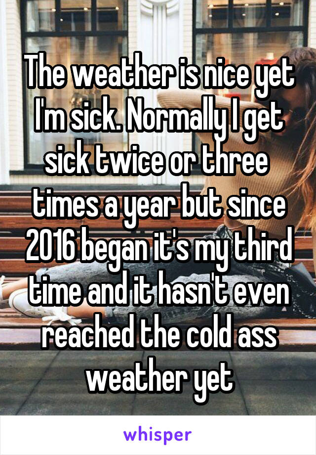 The weather is nice yet I'm sick. Normally I get sick twice or three  times a year but since 2016 began it's my third time and it hasn't even reached the cold ass weather yet