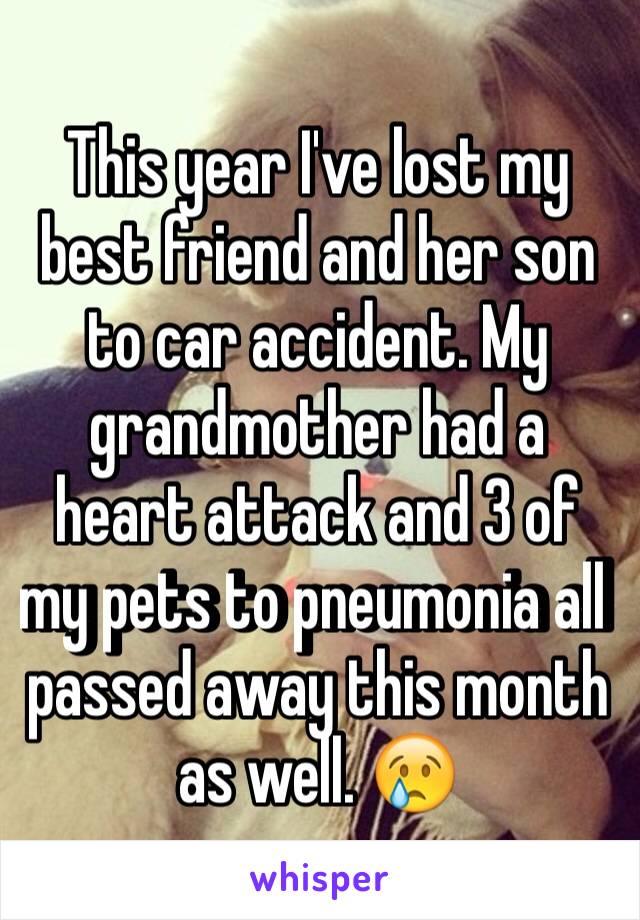 This year I've lost my best friend and her son to car accident. My grandmother had a heart attack and 3 of my pets to pneumonia all passed away this month as well. 😢