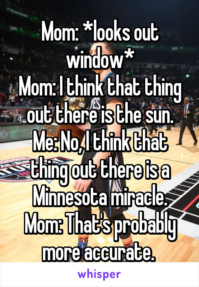 Mom: *looks out window*
Mom: I think that thing out there is the sun.
Me: No, I think that thing out there is a Minnesota miracle.
Mom: That's probably more accurate. 