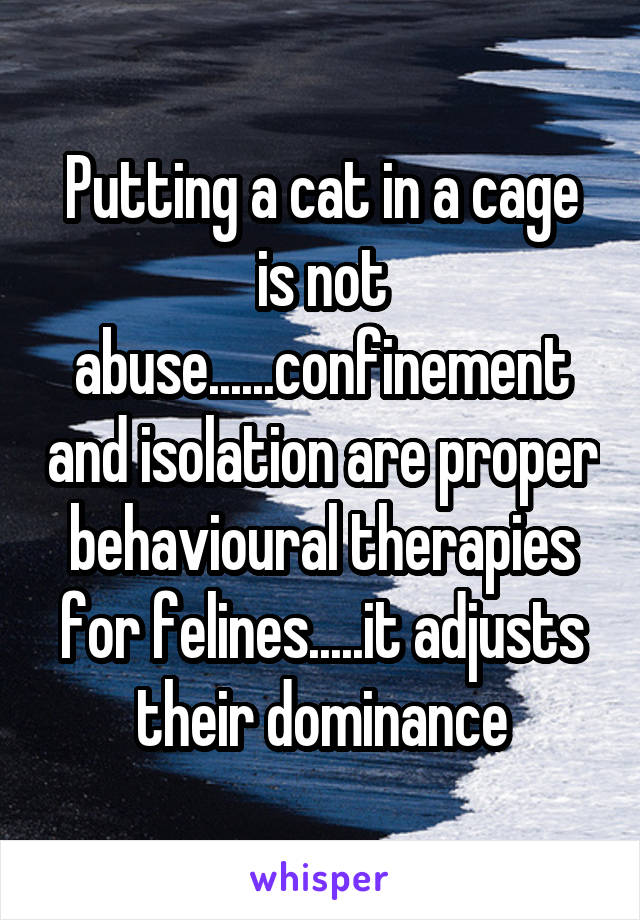 Putting a cat in a cage is not abuse......confinement and isolation are proper behavioural therapies for felines.....it adjusts their dominance