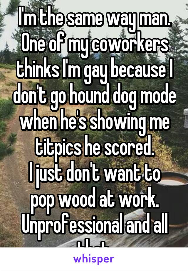 I'm the same way man. One of my coworkers thinks I'm gay because I don't go hound dog mode when he's showing me titpics he scored.
I just don't want to pop wood at work. Unprofessional and all that.