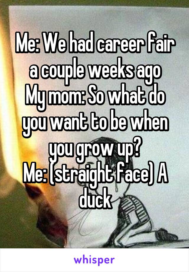 Me: We had career fair a couple weeks ago
My mom: So what do you want to be when you grow up?
Me: (straight face) A duck
