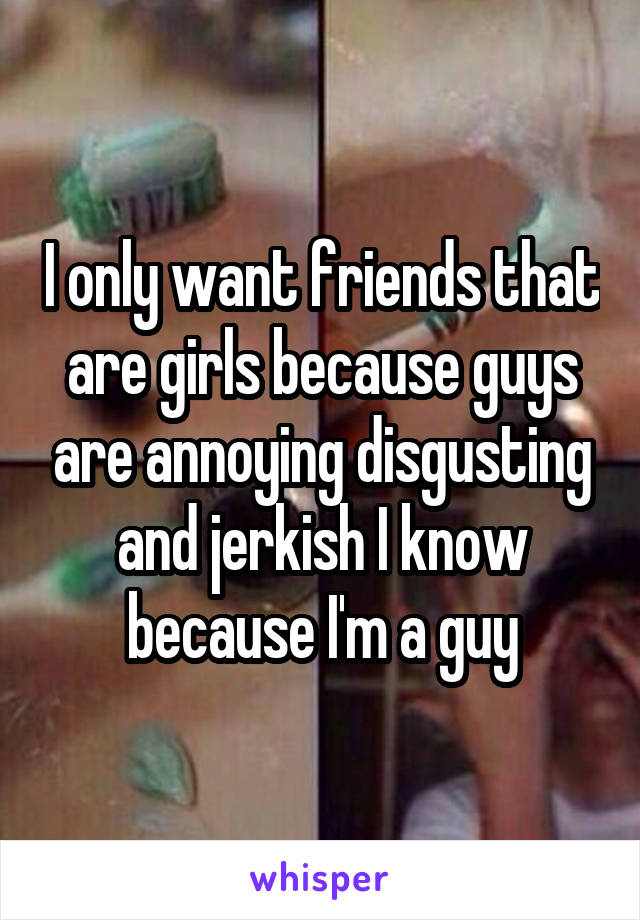 I only want friends that are girls because guys are annoying disgusting and jerkish I know because I'm a guy