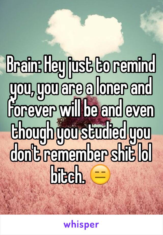 Brain: Hey just to remind you, you are a loner and forever will be and even though you studied you don't remember shit lol bitch. 😑