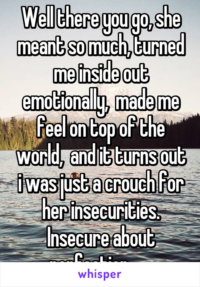 Well there you go, she meant so much, turned me inside out emotionally,  made me feel on top of the world,  and it turns out i was just a crouch for her insecurities. Insecure about perfection. .....