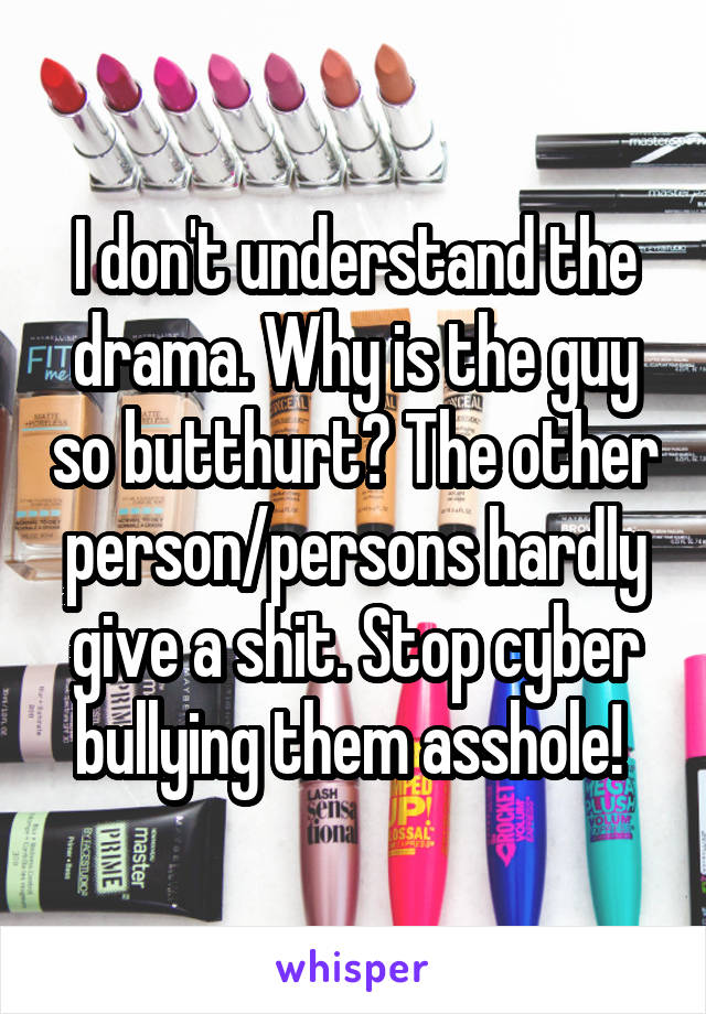 I don't understand the drama. Why is the guy so butthurt? The other person/persons hardly give a shit. Stop cyber bullying them asshole! 