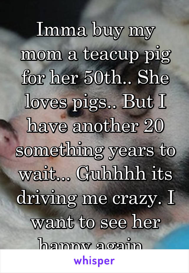 Imma buy my mom a teacup pig for her 50th.. She loves pigs.. But I have another 20 something years to wait... Guhhhh its driving me crazy. I want to see her happy again..