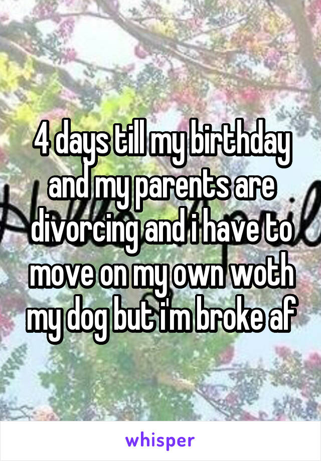 4 days till my birthday and my parents are divorcing and i have to move on my own woth my dog but i'm broke af