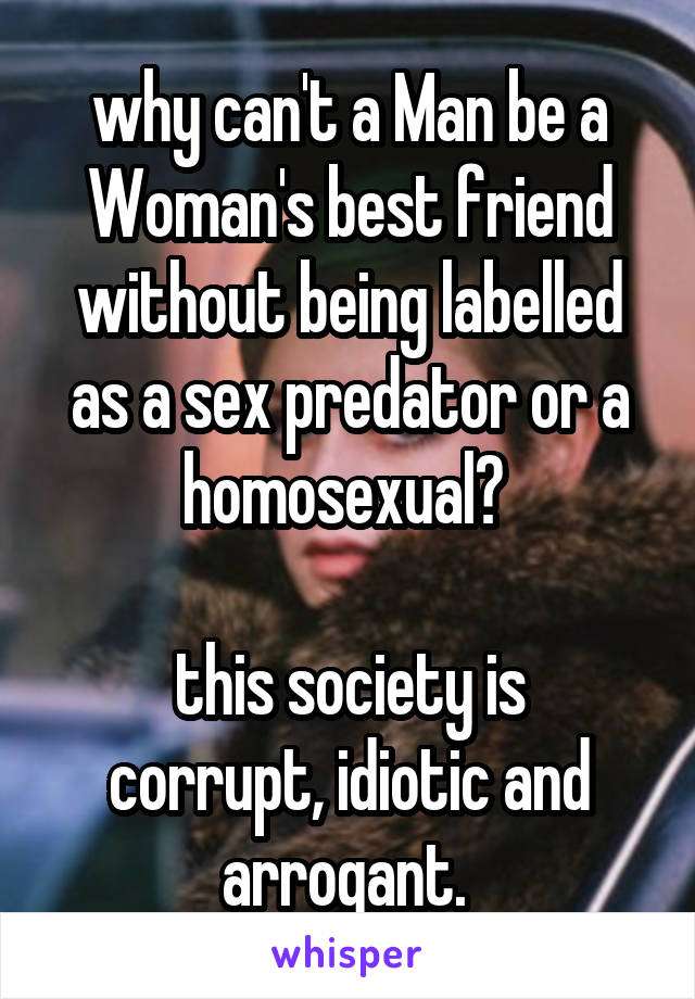 why can't a Man be a Woman's best friend without being labelled as a sex predator or a homosexual? 

this society is corrupt, idiotic and arrogant. 