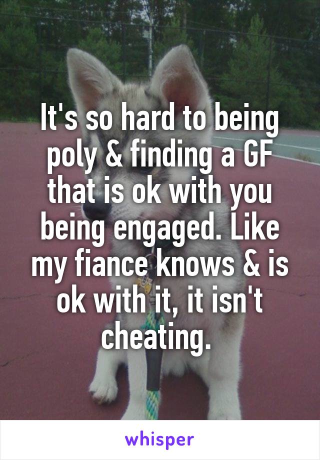 It's so hard to being poly & finding a GF that is ok with you being engaged. Like my fiance knows & is ok with it, it isn't cheating. 