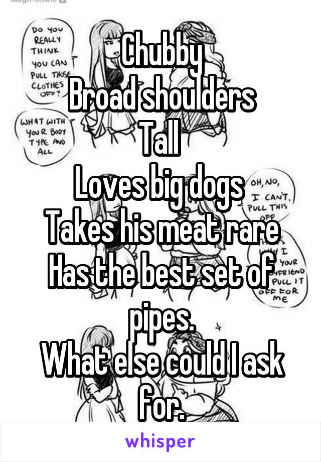 Chubby
Broad shoulders
Tall 
Loves big dogs 
Takes his meat rare
Has the best set of pipes.
What else could I ask for.