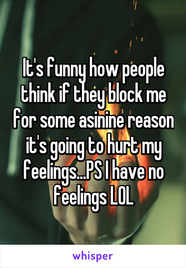 It's funny how people think if they block me for some asinine reason it's going to hurt my feelings...PS I have no feelings LOL