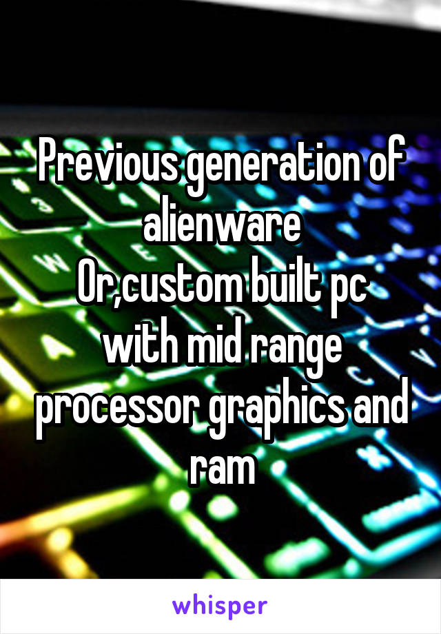 Previous generation of alienware
Or,custom built pc with mid range processor graphics and ram