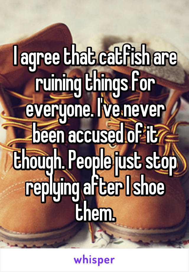 I agree that catfish are ruining things for everyone. I've never been accused of it though. People just stop replying after I shoe them.