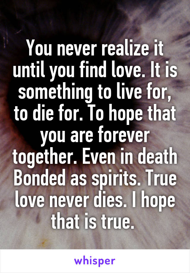 You never realize it until you find love. It is something to live for, to die for. To hope that you are forever together. Even in death Bonded as spirits. True love never dies. I hope that is true. 