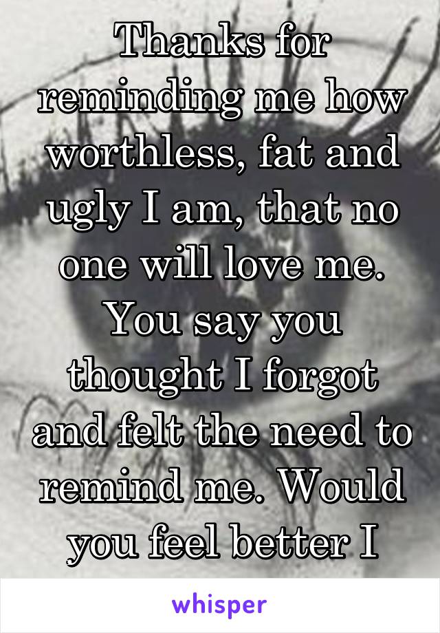 Thanks for reminding me how worthless, fat and ugly I am, that no one will love me. You say you thought I forgot and felt the need to remind me. Would you feel better I can’t look in mirror