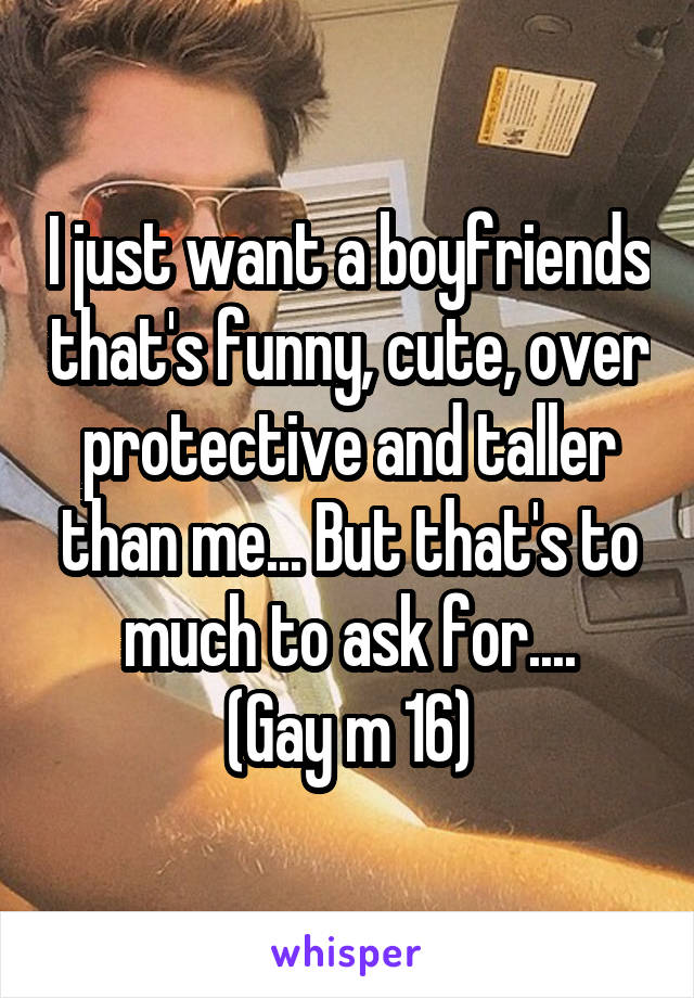 I just want a boyfriends that's funny, cute, over protective and taller than me... But that's to much to ask for....
(Gay m 16)