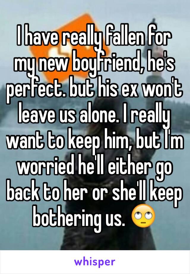 I have really fallen for my new boyfriend, he's perfect. but his ex won't leave us alone. I really want to keep him, but I'm worried he'll either go back to her or she'll keep bothering us. 🙄