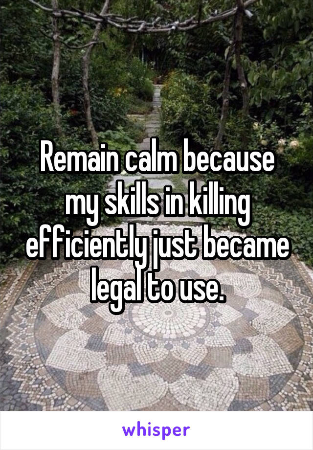 Remain calm because my skills in killing efficiently just became legal to use.