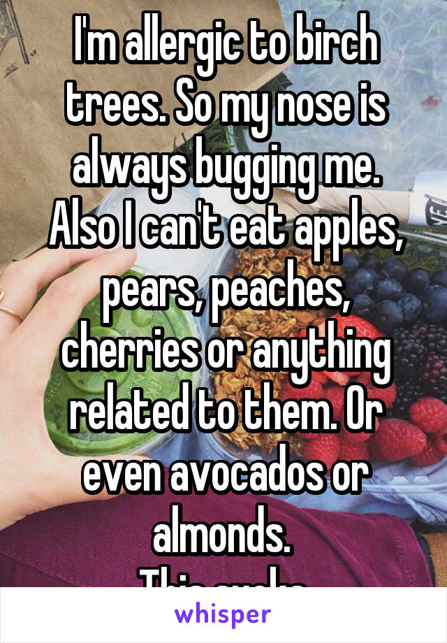 I'm allergic to birch trees. So my nose is always bugging me.
Also I can't eat apples, pears, peaches, cherries or anything related to them. Or even avocados or almonds. 
This sucks.