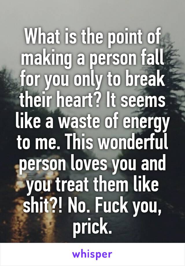 What is the point of making a person fall for you only to break their heart? It seems like a waste of energy to me. This wonderful person loves you and you treat them like shit?! No. Fuck you, prick.