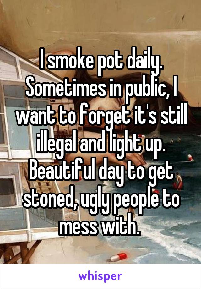 I smoke pot daily. Sometimes in public, I want to forget it's still illegal and light up. Beautiful day to get stoned, ugly people to mess with. 