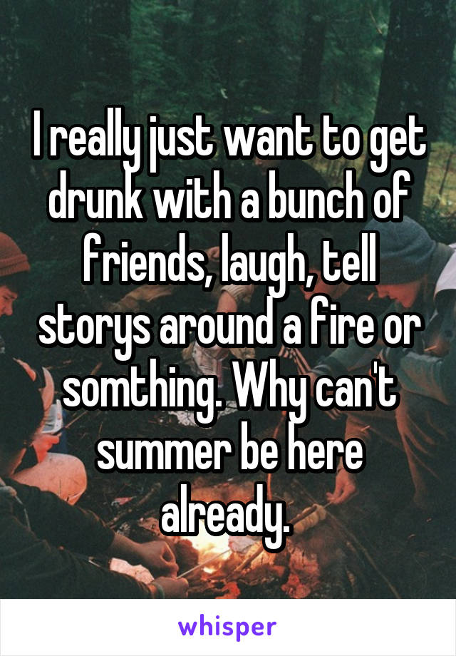 I really just want to get drunk with a bunch of friends, laugh, tell storys around a fire or somthing. Why can't summer be here already. 