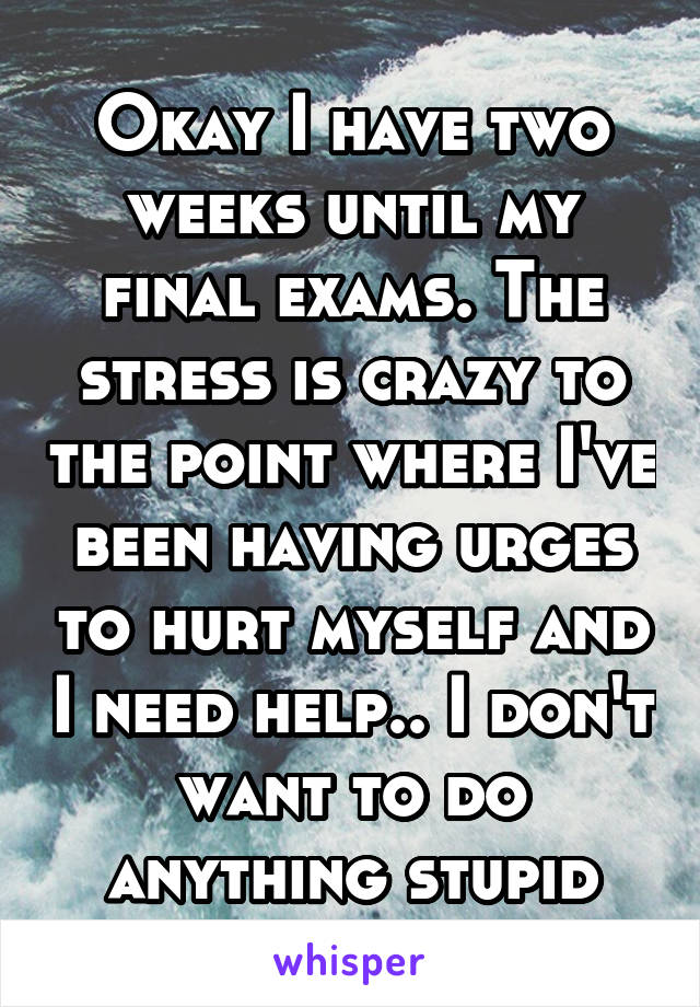 Okay I have two weeks until my final exams. The stress is crazy to the point where I've been having urges to hurt myself and I need help.. I don't want to do anything stupid