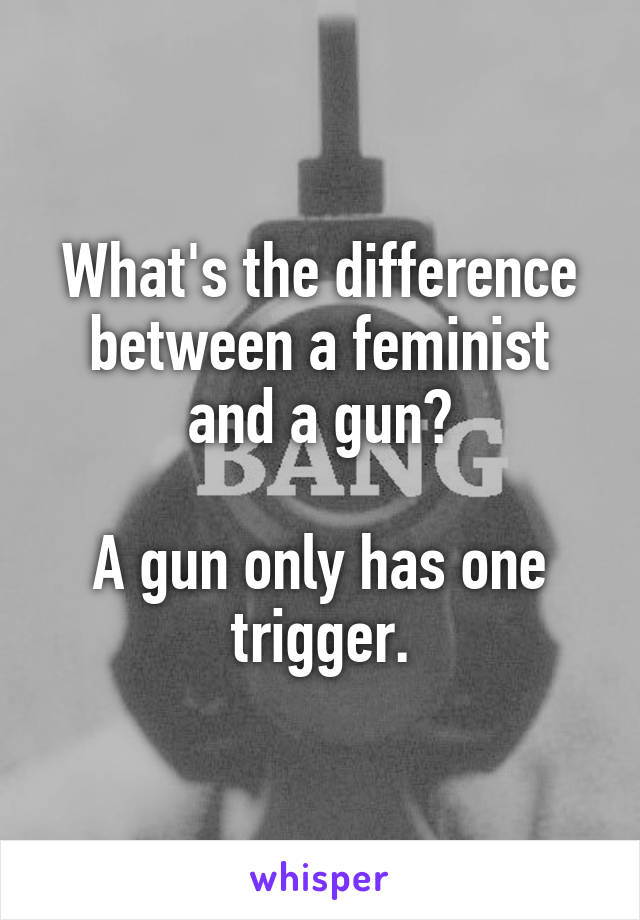 What's the difference between a feminist and a gun?

A gun only has one trigger.