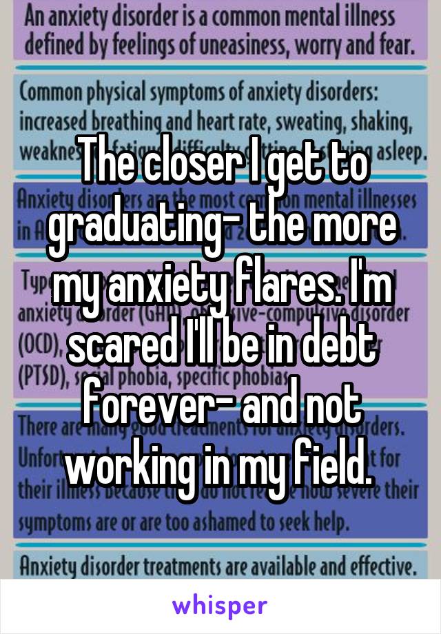 The closer I get to graduating- the more my anxiety flares. I'm scared I'll be in debt forever- and not working in my field. 