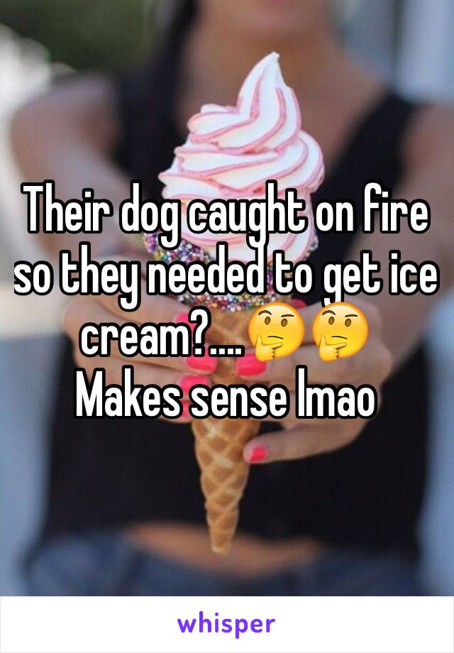 Their dog caught on fire so they needed to get ice cream?....🤔🤔 
Makes sense lmao
