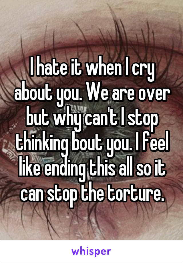 I hate it when I cry about you. We are over but why can't I stop thinking bout you. I feel like ending this all so it can stop the torture.